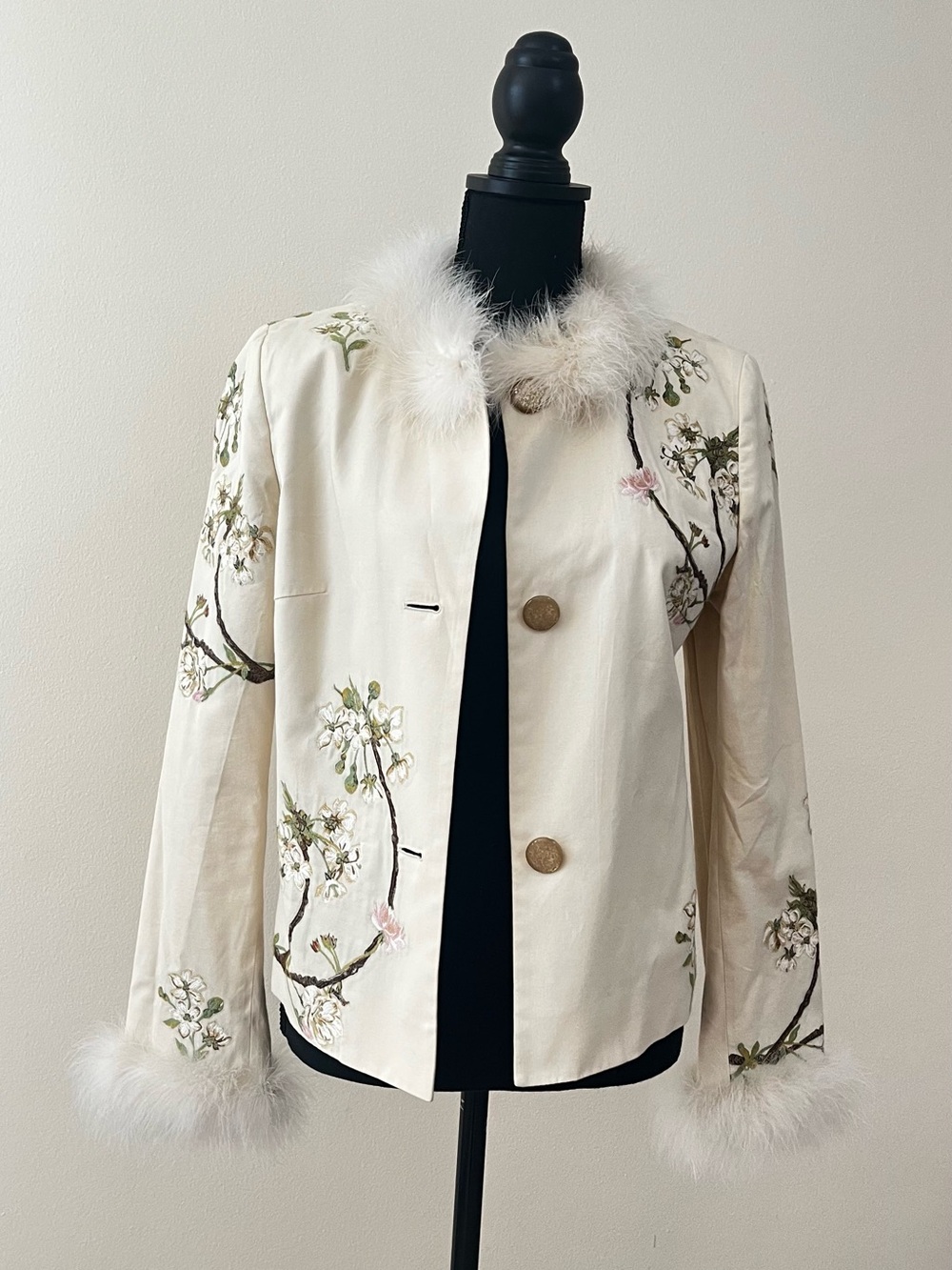 Cole Haan Cream Floral Embroidered Jacket with Fur Trimmed Collar